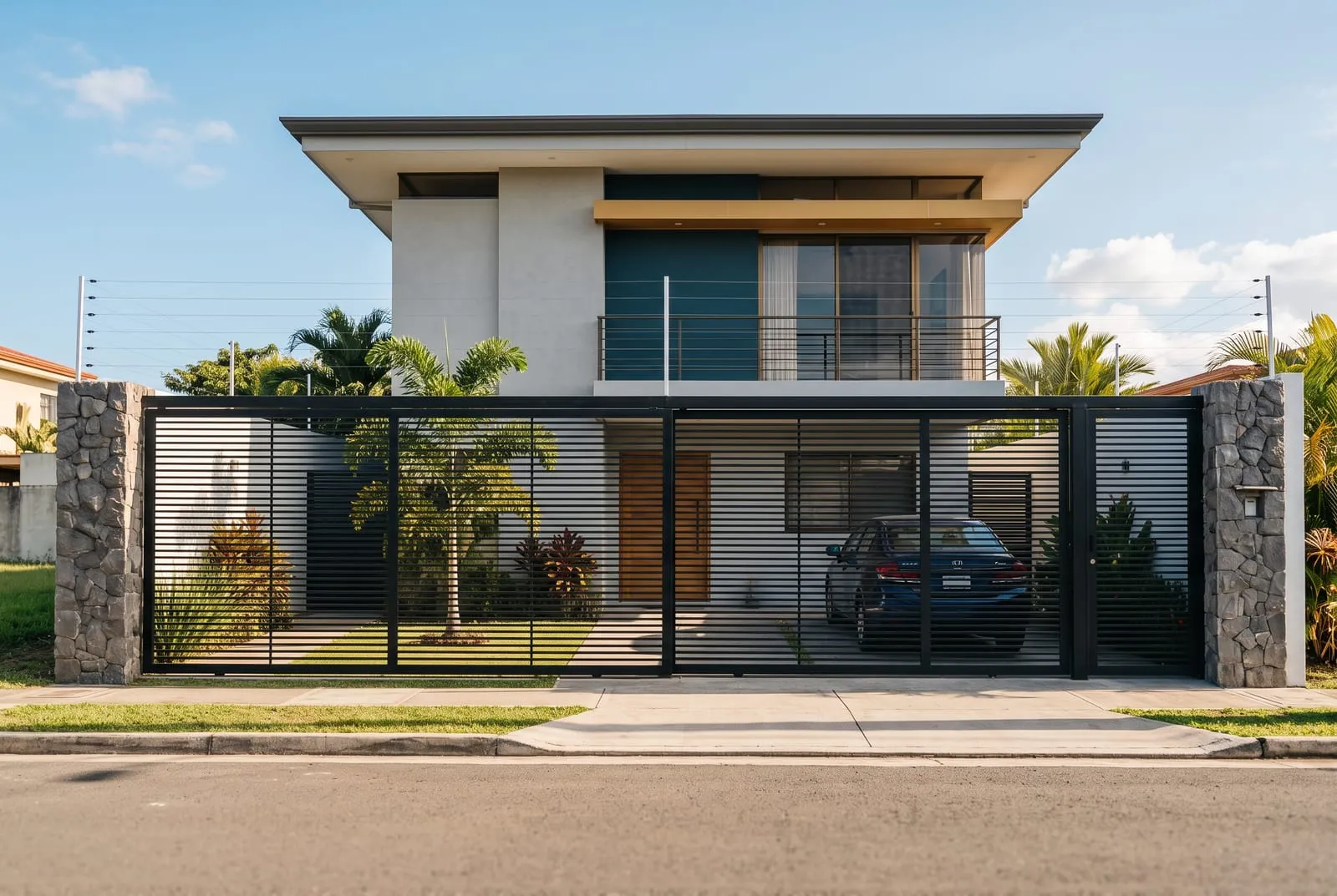 Casa costarricense con portón metálico y cerca eléctrica, vivienda protegida con un seguro de hogar e incendio